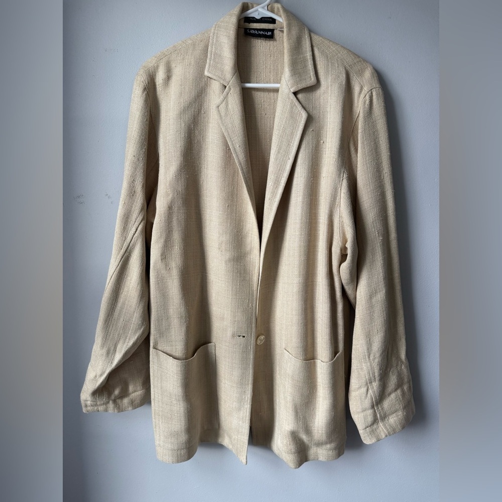 VTG 90s Savannah 100% Silk Knit Oversized Blazer Jacket Hippie Boho Beige Size S